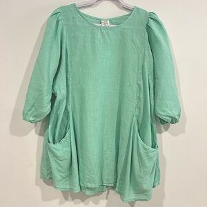 Match Point 100% Linen Tunic Mid Sleeve Top Mint Green Seafoam Lagenlook Size L